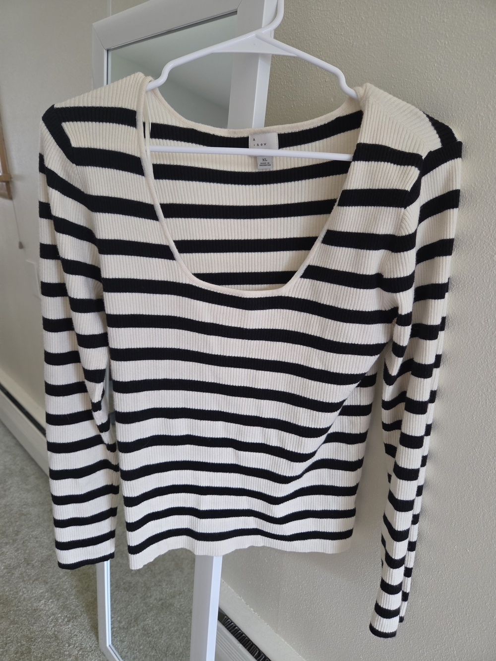 a new day Black and White Striped Ribbed Top With Square Neck